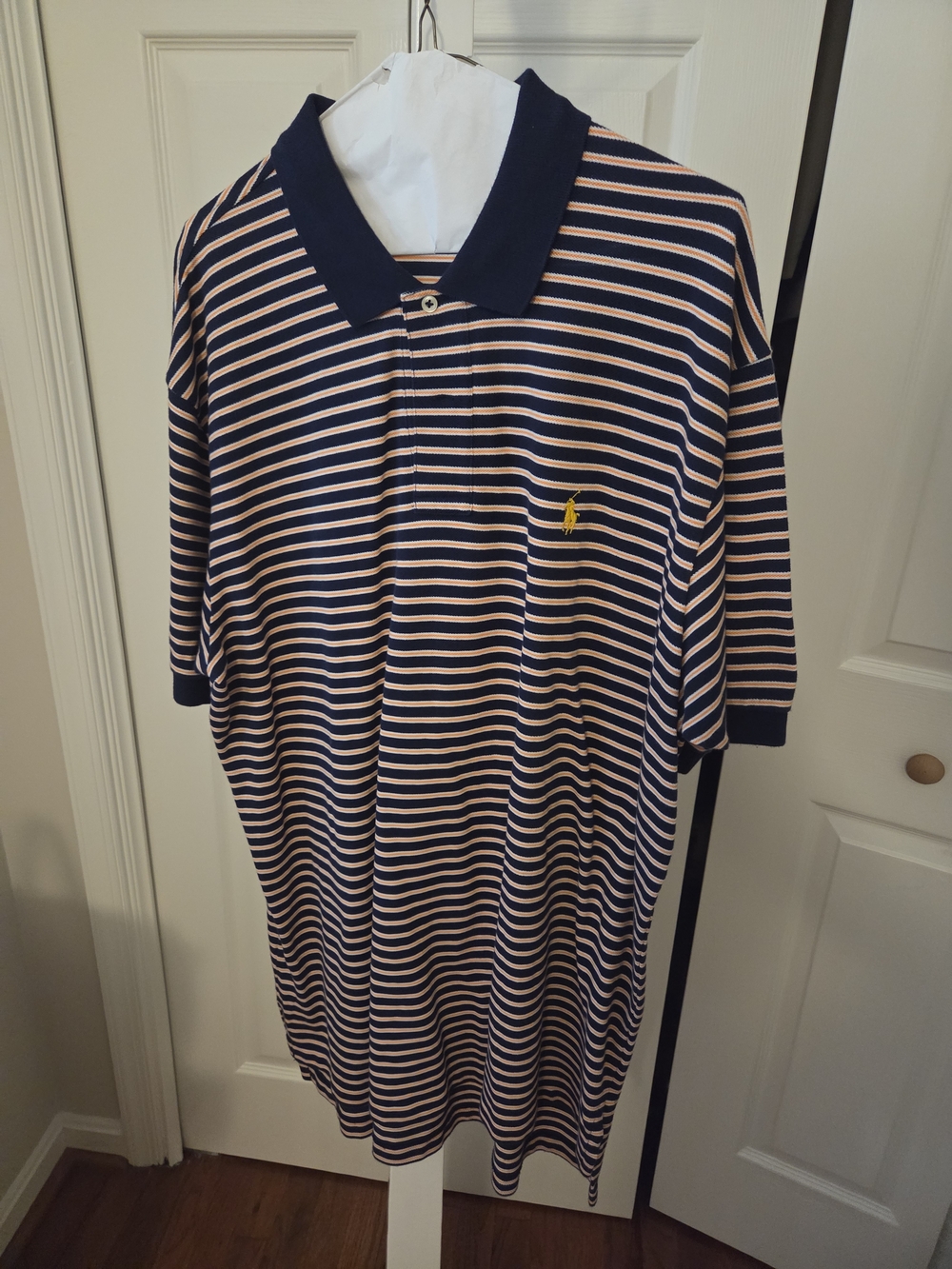 Vintage Striped Navy and Orange Polo Shirt with Yellow Logo - 100% Cotton
